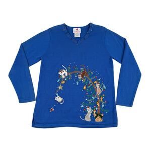 Quacker Factory Christmas Cat Sweater Blue 3D Emblellishment Beaded Medium